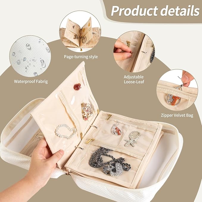 GSXRB Jewelry Organizer Travel Portable Earring Necklace Ring Jewelry Organizer Large Capacity Foldable Multi-Layer Classified Storage Bag Waterproof Antioxidant Organizer (beige)