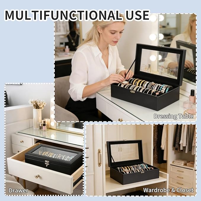 AUTOARK Bracelet & Watch Storage Box with Glass Lid & 2 Anti-Roll Rods,PU Leather Jewelry Case,Soft Lined Locking Organizer for Women,Gift for Dresser & Cabinet Display,Black,MKAW145