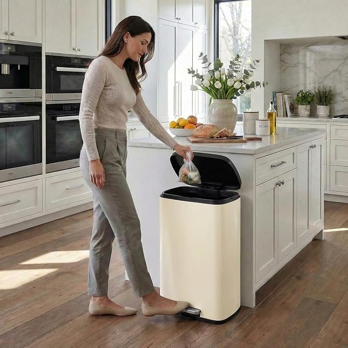 8 Gal Kitchen Trash Can, 30L Recycling or Garbage Bin, Brushed Stainless Steel Waste Basket, Soft&Quiet Close Dustbin, with Step-On Pedal, Removable Inner Bucket, for Home, Office, Living Room