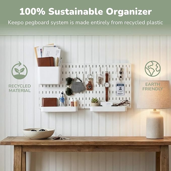 Keepo Peg Board Wall Organizer – Plastic Pegboard Panels, Modular Peg Board Storage System for Home Office, Craft Room, Gaming Setup (White, 22″×11″)