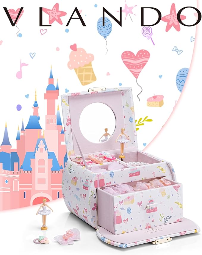 VLANDO Musical Jewelry Box for Girls Kids with Drawer, Music Box with Ballerina and Stickers for Birthday Bedroom Decor, Fantasy Princess