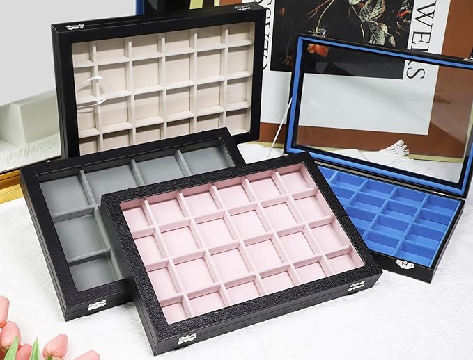 Stratalife Jewelry Tray 24 Grid Earring Organizer with Clear Lid Jewelry Holder Organizer Jewelry Organizer Box Jewelry Storage Crystal Holder For Stones Display (Beige Black)