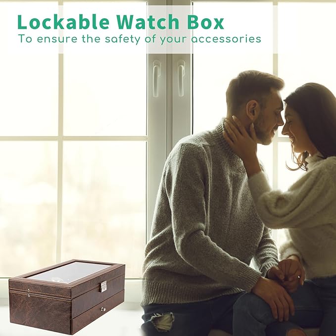 TomCare Watch Box 2-Tier Watch Case Jewelry Organizer Box with Thick Glass Lid Lockable Watch Organizer Jewelry Display Holder Sunglass Rings Necklaces Bracelets Storage Organizer for Men Women,Brown