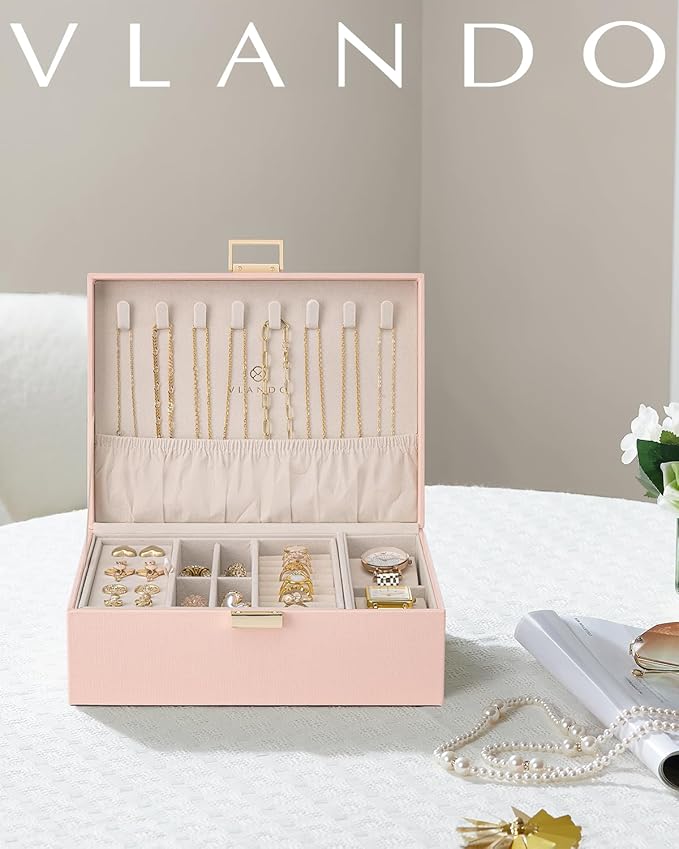 VLANDO 2 Layer Jewelry Box Large Jewelry Organizer for Mothers Day Mom Gifts Jewelery Tray with Watch Pillow for Necklace Earrings Rings Bracelets Jewelry Boxes for Holidays Gifts (Pink)