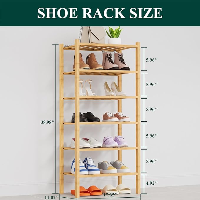Smiry Shoe Rack, 6 Tier Thick Small Bamboo Shoe Organizer, Stackable Free Standing Wooden Shoe Storage Shelf for Closet, Entryway, Front Door Entrance, Natural