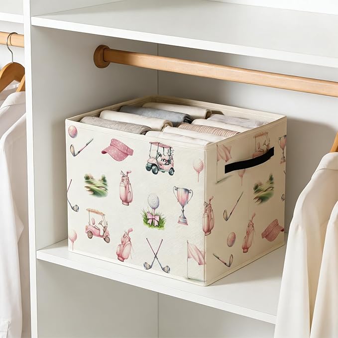 Pink Bow Golf Storage Bin Box with Handles, Golfers Golf Lovers Gifts Foldable Baskets Organizer for Girls Room Nursery Bathroom Home Sports Room Clothes Toys Books, Toybox for Girls