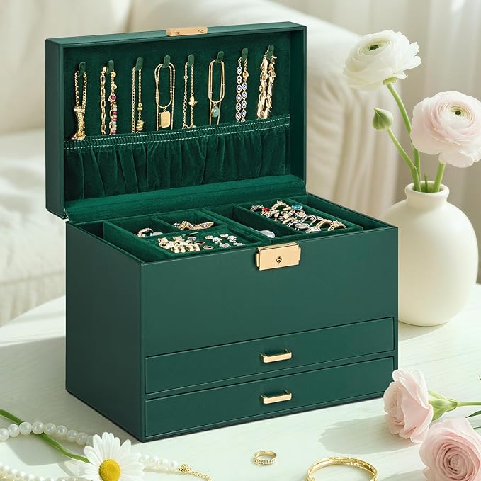 AKOZLIN Travel Jewelry Box Organizer Functional 2-trays Leather Jewelry Storage Case with Lockable Portable 2 Drawers for Women Girls Ring Necklace Earring Bracelet