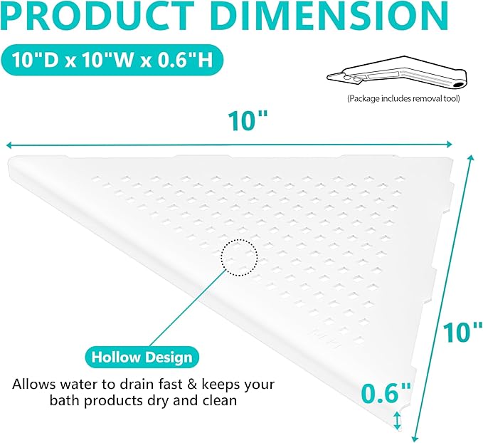 Qeke Bathroom Corner Shelf, Recessed 10" Shower Shelf Caddy, SUS304 Stainless Steel Shelf Wall Mount Triangular, No Drilling, Matte White