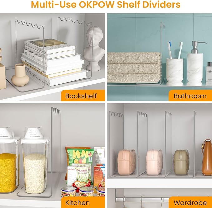 OKPOW Shelf Dividers for Closet Organization: 10" Tall X 12" Deep, Acrylic Clear Separators for Clothes, Vertical Shelf Dividers, Storage for Sweater Purse Handbag Shirts, 8 Pack
