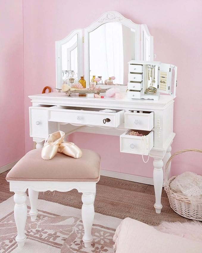 RR ROUND RICH DESIGN Jewelry Box - Made of Solid Wood with 4 Drawers Organizer and Built-in Necklace Carousel and Large Mirror White