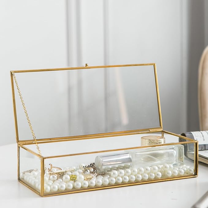 Glass Jewelry Box, Vintage Rectangle Gold Keepsake Box Organizer Box Vanity Lidded Box Home Decor Accent Decorative Box for Storage Trinket Rings Bracelet