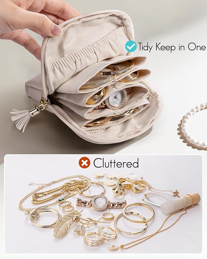 Small Travel Jewelry Organizer,Jewelry Pouch Bags,Velvet Jewelry Storage Bag for Bracelet Rings Earring,Portable Jewelry Travel Case for Traveler (Beige)