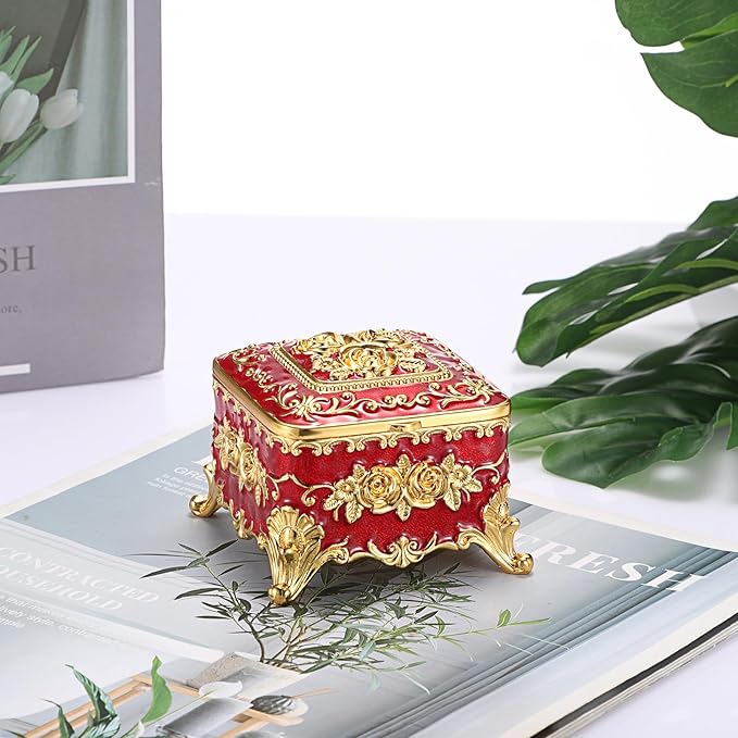 Hipiwe Vintage Metal Jewelry Box - Small Trinket Organizer Ring Box Case with Rose Pattern Jewelry Storage Box for Ring Earrings Necklace, Keepsake Box for Women,Red