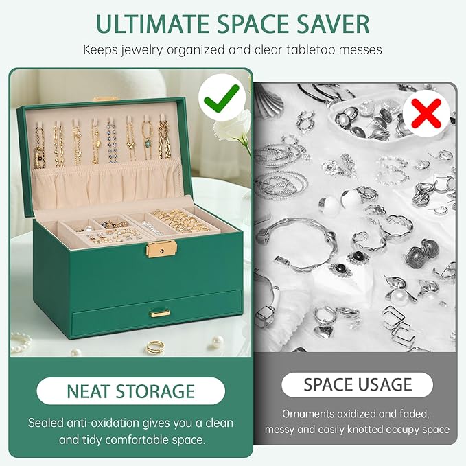 AKOZLIN Travel Jewelry Box Organizer Functional 2-trays Leather Jewelry Storage Case with Lockable Portable Drawer for Women Girls Ring Necklace Earring Bracelet