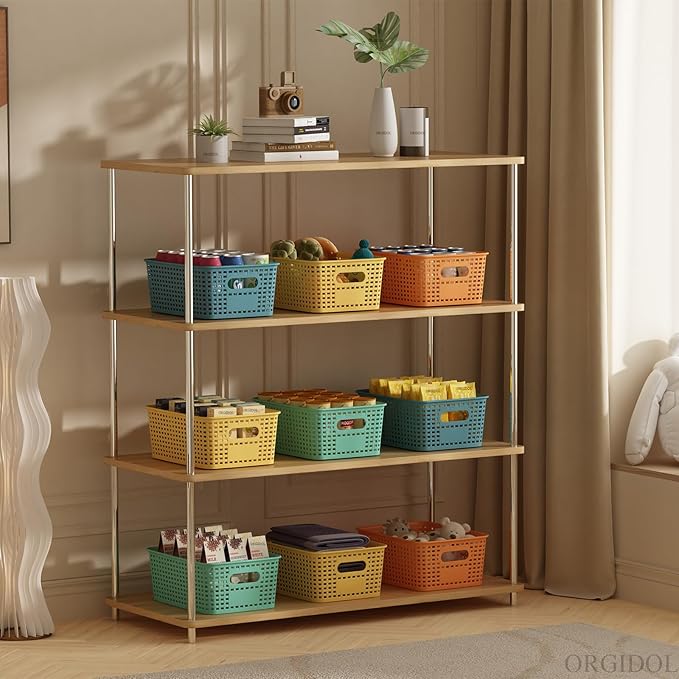 ORGIDOL Plastic Storage Basket with Lids 12 Pack Stackable Colorful Storage Bins Containers with Lid, Decorative Storage Boxes for Organizing Shelves, Drawers, Playroom, Classroom, Office, Closet