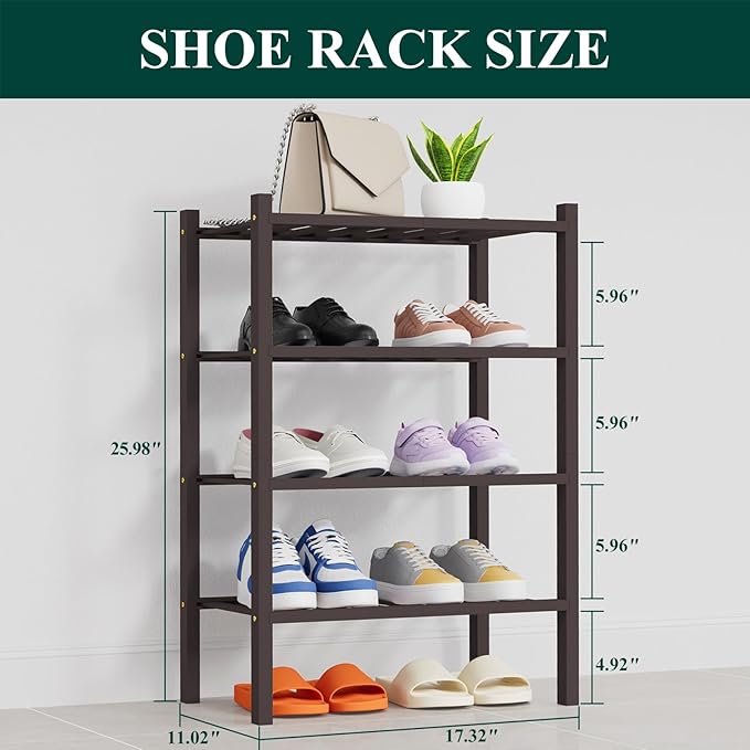 Smiry Shoe Rack, 4 Tier Thick Small Bamboo Shoe Organizer, Stackable Free Standing Wooden Shoe Storage Shelf for Closet, Entryway, Front Door Entrance, Brown