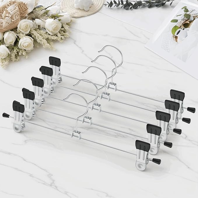 IEOKE Pants Hangers with Clips: 50 Pack Skirt Hangers for Women Metal Adjustable Trouser Hangers for Jeans Shorts Dress - Black