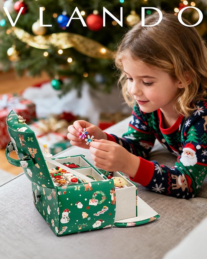 VLANDO Kids Musical Jewelry Box for Girls with Drawer, Music Box with Ballerina and Stickers for Birthday Bedroom Decor, Holidays Gifts for Girls Kids - Christmas Green