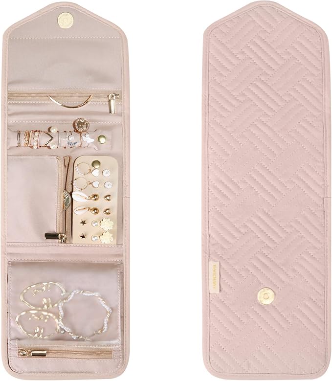 BAGSMART Travel Jewelry Organizer Case Foldable Small Jewelry Roll for Journey Rings, Necklaces, Earrings, Bracelets,Mini,Soft Pink (Pack of 2)