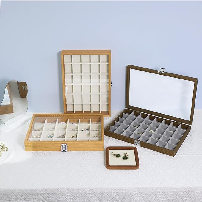 Stratalife Jewelry Organizer Wooden Jewelry Box Jewelry Display Case Jewelry Tray with Glass Lid Earring Holder Organizer Bracelet Ring Organizer 24 Grid Jewelry Tray Vintage Gift for Women