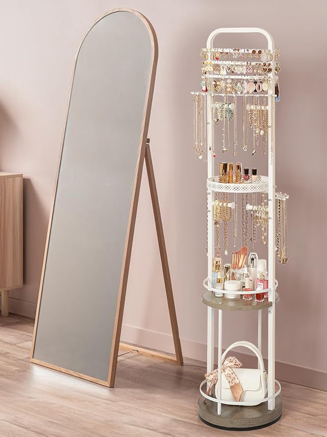 Jewelry Holder Organizer, Floor Jewelry Organizer with Earring Organizer Necklace Holder, Rotating Jewelry Stand Necklace Display Earring Storage, Large Hanging Jewelry Tree for Jewlery Bracelet Ring