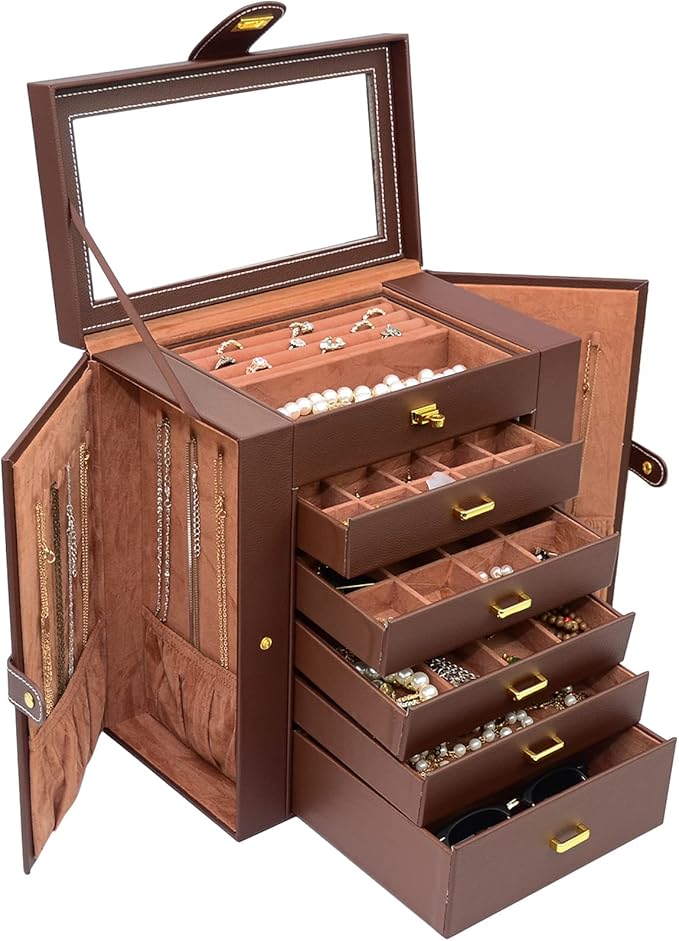 AKOZLIN Extra Large 6-Tier Jewelry Box Organizer with Mirror, 5 Drawers Leather Jewelry Storage Case for Women Girls Ring Necklace Earring Bracelet Brown