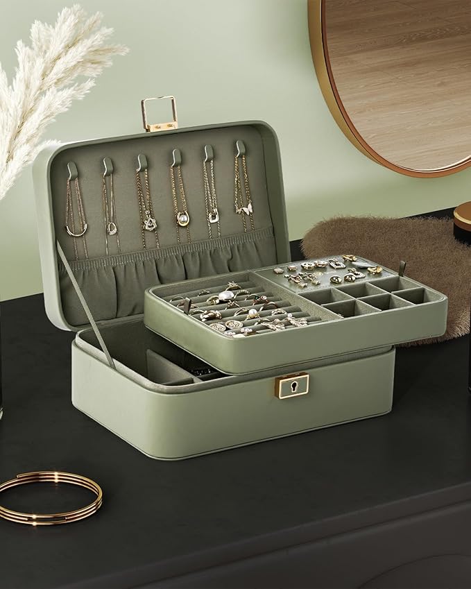 Jewelry Box, 2-Layer Jewelry Holder Organizer with Lock, Removable Jewelry Tray for Earrings Necklaces Bracelets, Green
