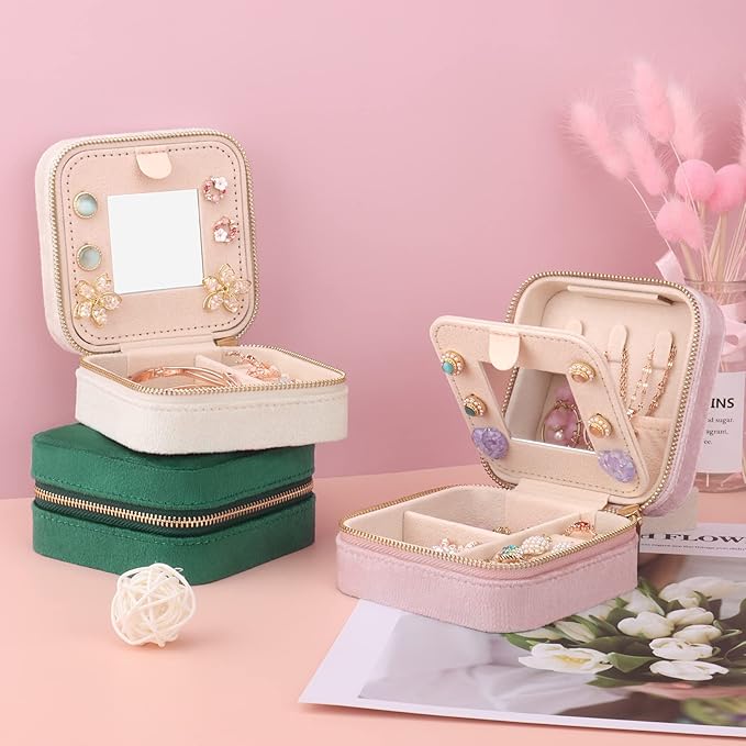 DesignSter Travel Jewelry Box - Velvet Mini Jewelry Organizer, Small Jewelry Case for Girls Women, Jewelry Storage Box for Rings Earrings Necklace (Square, Lotus Pink)