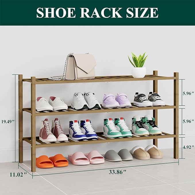 Smiry Shoe Rack, 3 Tier Thick Long Bamboo Shoe Organizer, Stackable Free Standing Wooden Shoe Storage Shelf for Closet, Entryway, Front Door Entrance, Walnut