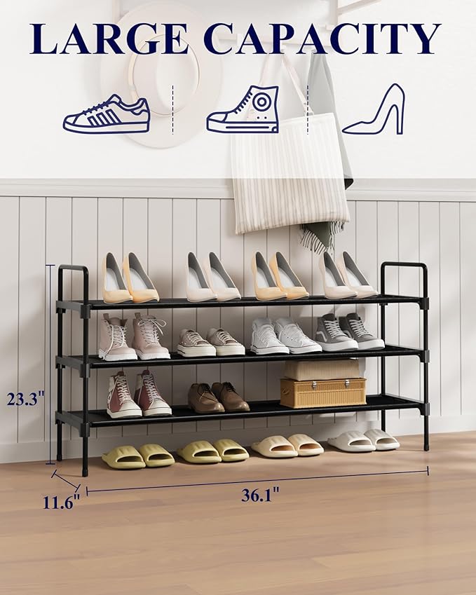 Kitsure Shoe Rack for Closet, Shoe Organizer for Front Door Entrance, Stackable Shoe Shelf, Detachable Closet Organizers and Storage, 36.1" Wide - 3 Tiers, Black
