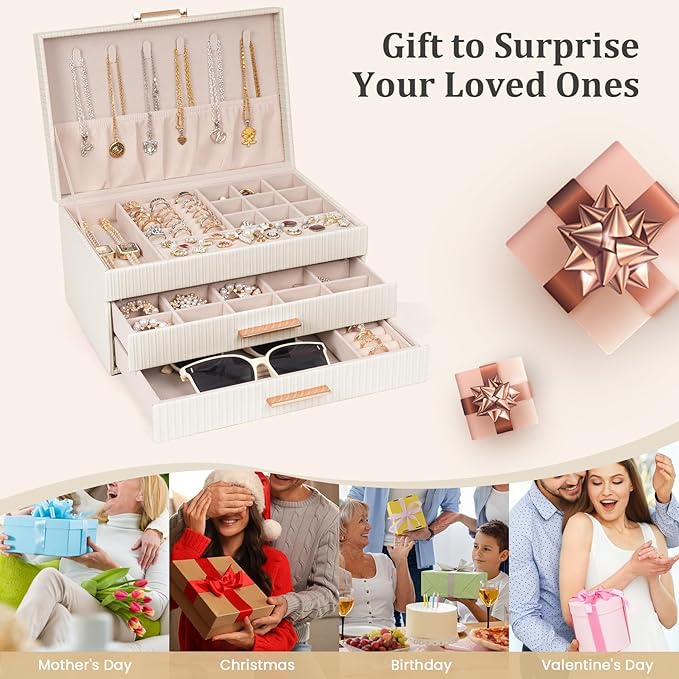 Dajasan Jewelry Box Organizer, 3-Tier Jewelry Storage Organizer with 2 Drawers, Large Jewelry Boxes for Women, PU Leather Surface with Texture, Gift Idea, Modern Style (Beige)
