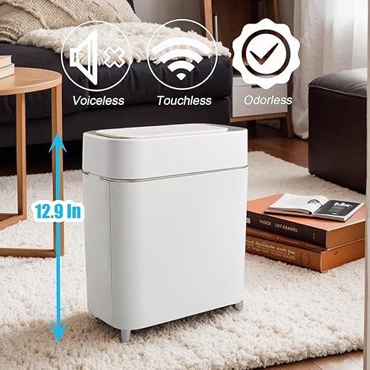 2-Pack - Bathroom Trash Can Automatic Touchless - 2 Gallon Slim Motion Sensor Garbage Can - Waste Basket for Bedroom, Laundry room, Small Spaces - Narrow Automatic Trash Bin - White with Grey Edge
