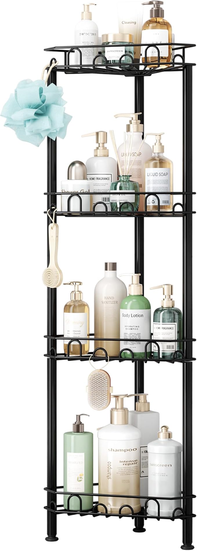SWTYMIKI Standing Shower Caddy Corner - 4‑Tier Stainless Steel Shower Organizer Shelf with 16 Hooks and Adhesive Pads, Rustproof Corner Shelves Stand Rack for Bathroom Shower Room, Black