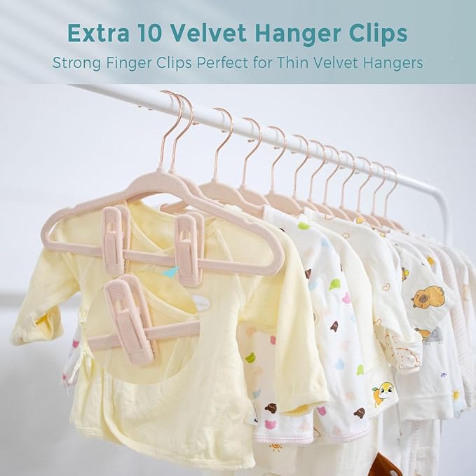 Tonswachic Baby Velvet Hangers 50 Pack - 11 Inch Non Slip Felt Kids Hanger for Infant Clothes - Ultra Thin Baby Felt Hangers for Toddler Kids' Closet with 10 Hanger Clips - Pink