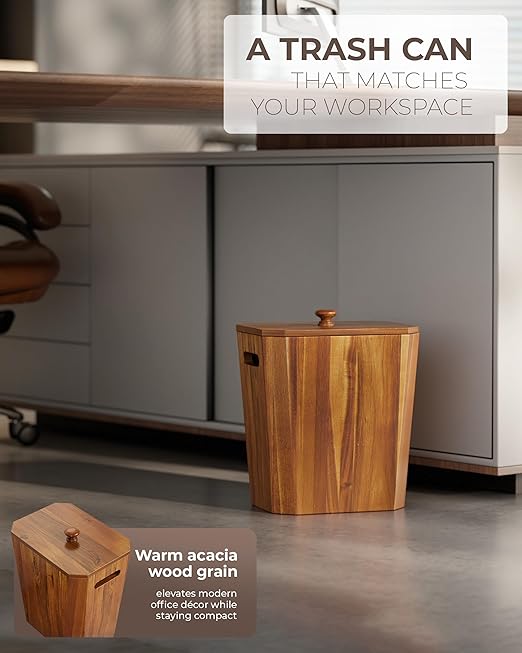BLUEWEST 2.6 Gallons Acacia Wooden Wastebasket with Lid & PP Liner – Small Trash Can for Bathroom, Bedroom, Office – Decorative Wood Bin with Handle for Under Counter Use