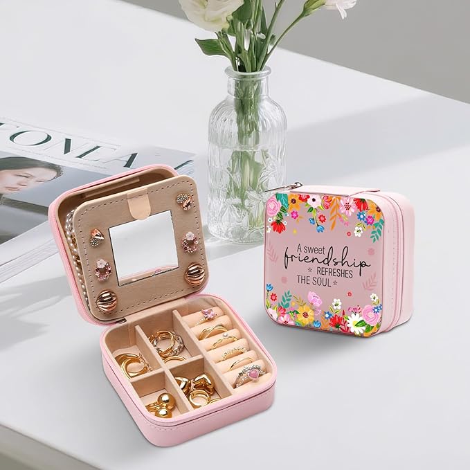 GAOLZIUY Friendship Gifts for Women, Friendship Travel Jewelry Box with Flowers, Portable Jewelry Organizer Case for Women Girls, Bestie Birthday Gifts for Soul Sister Best Friend BFF