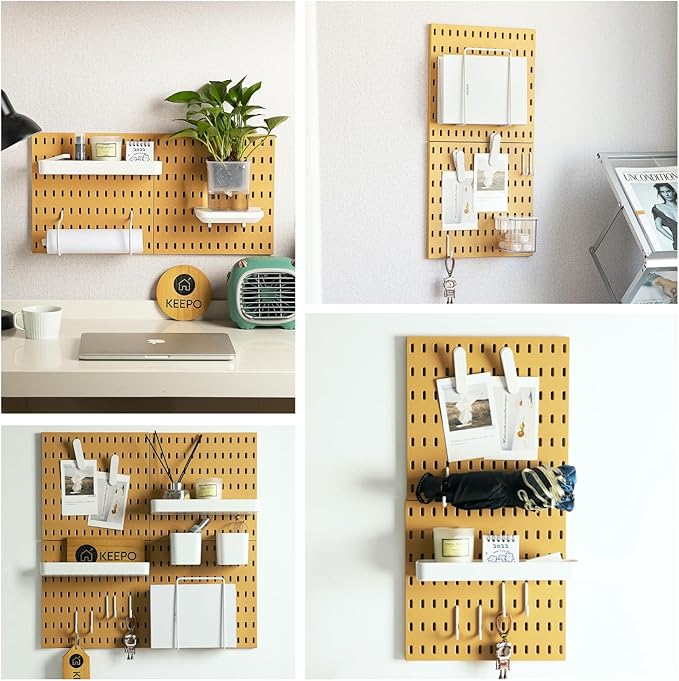 Keepo Peg Board Wall Organizer – Plastic Pegboard Panels, Modular Peg Board Storage System for Home Office, Craft Room, Gaming Setup (Tan Brown, 22″×22″)