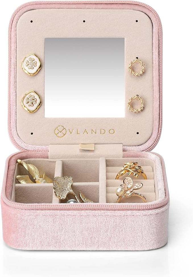 Vlando Small Travel Jewelry Box Organizer Display Case for Rings Earrings Necklaces Storage, Selected Soft Velvet, Letter A Engraved, Pink
