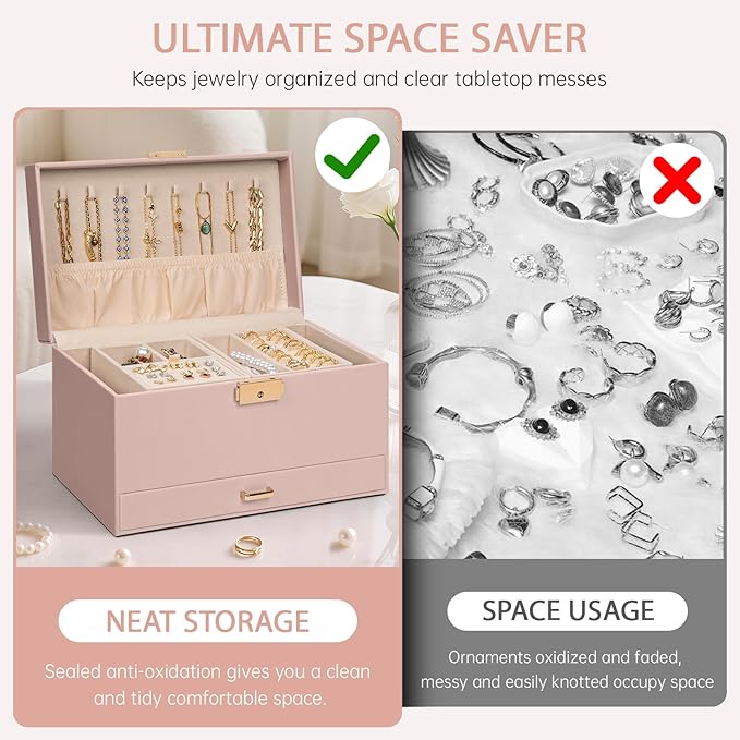 AKOZLIN Travel Jewelry Box Organizer Functional 2-trays Leather Jewelry Storage Case with Lockable Portable Drawer for Women Girls Ring Necklace Earring Bracelet