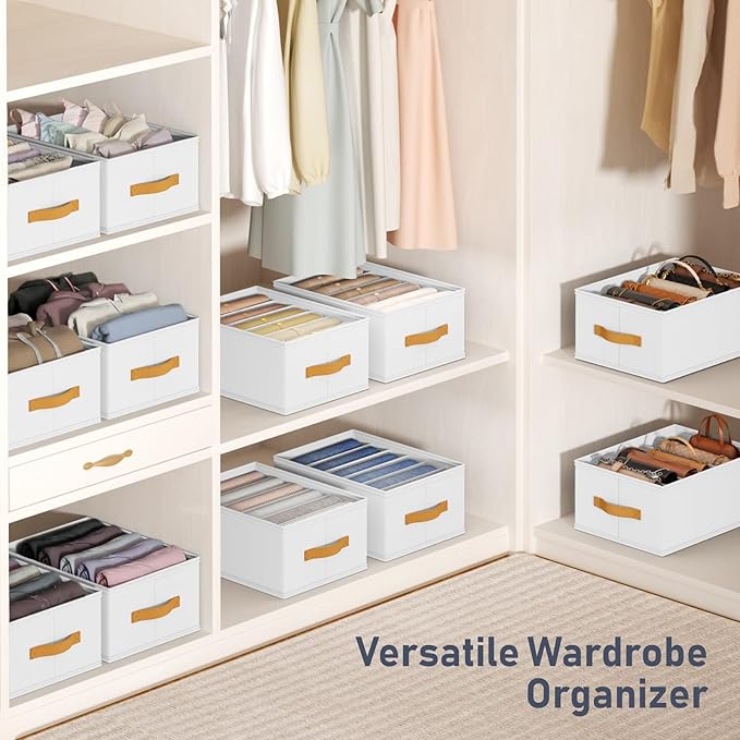 DIMJ Wardrobe Clothes Organizer - Foldable Closet Drawer Organizer Dividers for Jeans, Pants, Sweater, T Shirt, Storage Bins with Handles for Shelf