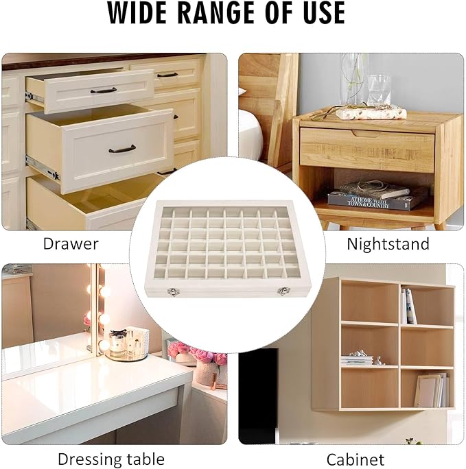 Siveit Velvet Jewelry Tray 48 Grid Jewelry Display Tray Organizer Box with Transparent Lid Rings Earrings Necklaces Pendants Display Box Suitable for Women and Girls (Beige)