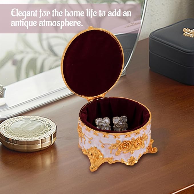 Vintage Jewelry Box, Gold Round Treasure Ring Box, Metal Trinket Organizer Keepsake Box Gift for Girl Women, Beige