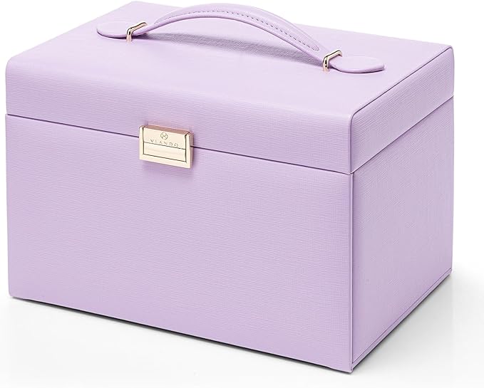 Vlando Mirrored Jewelry Box Organizer, Leather Jewelry Storage Case, Necklaces Earrings Rings Brackets Box Holder, Purple