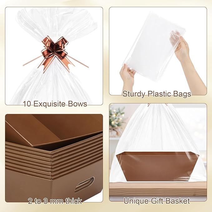 AFOROEOA 10PACK Baskets for Gifts Empty, 10x12”Thick Brown Gift Basket with Handles 10 Bows 10 Bags Empty Gift Baskets for Christmas Thanksgiving Wedding Birthday Party Wrapping Gift