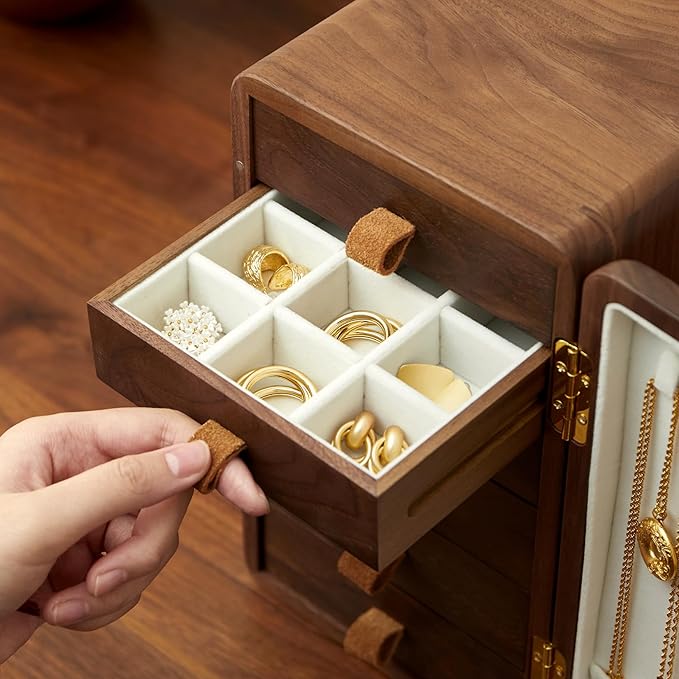 Black Walnut Solid Wood Cabinet Jewelry Box for Women, Large Velvet Lined Organizer with 6 Drawers, Cherry Wood Cat Inlays, Rosewood Handles, Gift for Her