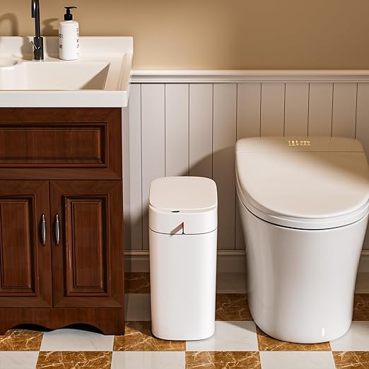 MOPUP Bathroom Trash Can, Automatic Bagging Garbage Can, 3.5 Gallon Slim Smart Small Plastic Trash Bin, Narrow Motion Sensor Trash Can for Bedroom, Office White
