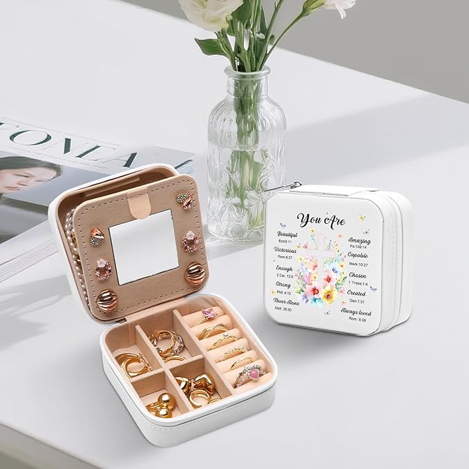 GAOLZIUY Christian Bible Verse Travel Jewelry Box, Baptism Religious Faith Spiritual Inspirational Gifts for Women Teen Girls, Flowers Portable Jewelry Organizer Storage Case
