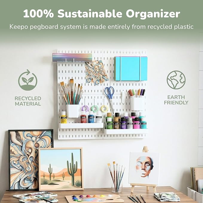 Keepo Peg Board Wall Organizer – Plastic Pegboard Panels, Modular Peg Board Storage System for Home Office, Craft Room, Gaming Setup (White, 22″×22″)