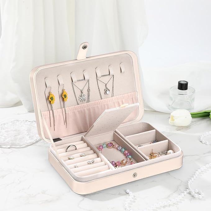 Travel Jewelry Box Personalized Leather Jewelry Case Portable Jewellery Organizer Box Pink Ring Travel Case Earring Bracelet Necklace Organizer Gifts for Birthday Christmas Women Flower lines
