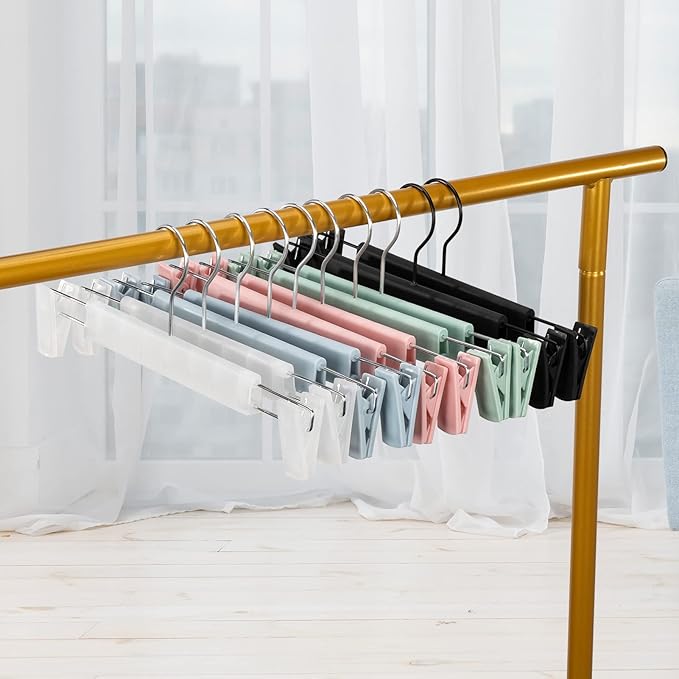 10 Pack Skirt Hangers, PantsHangers with Clips,360 ° Swivel Hooks Space Saving Hangers for Pants, Skirts, Clothes, Jeans,Pink